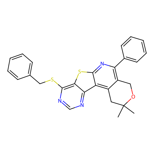 8-(benzylsulfanyl)-2,2-dimethyl-5-phenyl-1,4-dihydro-2H-pyrano[4'',3'':4',5']pyrido[3',2':4,5]thieno[3,2-d]pyrimidine structure