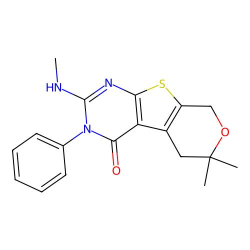 6,6-dimethyl-2-(methylamino)-3-phenyl-3,5,6,8-tetrahydro-4H-pyrano[4',3':4,5]thieno[2,3-d]pyrimidin-4-one structure