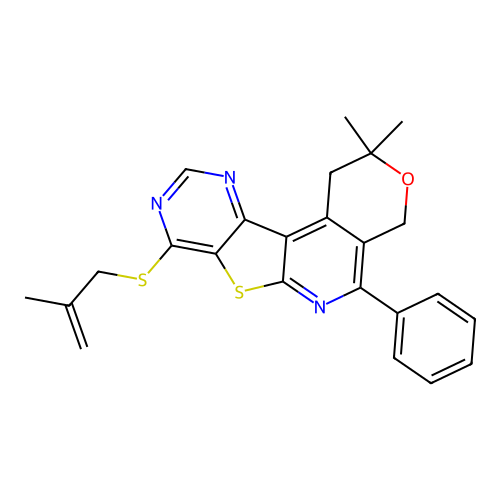 2,2-dimethyl-8-[(2-methylprop-2-en-1-yl)sulfanyl]-5-phenyl-1,4-dihydro-2H-pyrano[4'',3'':4',5']pyrido[3',2':4,5]thieno[3,2-d]pyrimidine structure