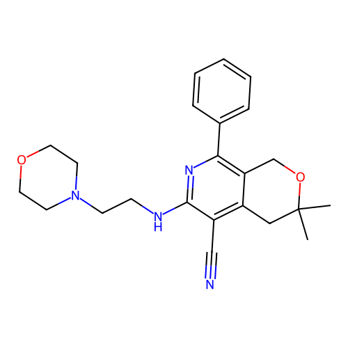 3,3-dimethyl-6-((2-morpholinoethyl)amino)-8-phenyl-3,4-dihydro-1H-pyrano[3,4-c]pyridine-5-carbonitrile structure