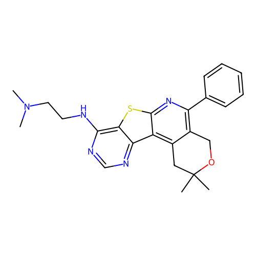 N'-(2,2-dimethyl-5-phenyl-1,4-dihydro-2H-pyrano[4'',3'':4',5']pyrido[3',2':4,5]thieno[3,2-d]pyrimidin-8-yl)-N,N-dimethylethane-1,2-diamine structure