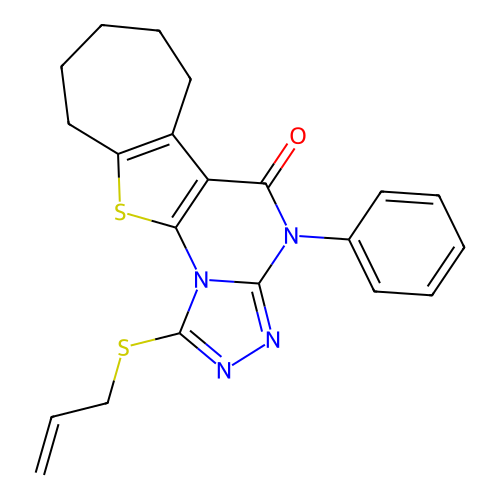 1-(allylthio)-4-phenyl-7,8,9,10-tetrahydro-4H-cyclohepta[4,5]thieno[3,2-e][1,2,4]triazolo[4,3-a]pyrimidin-5(6H)-one structure