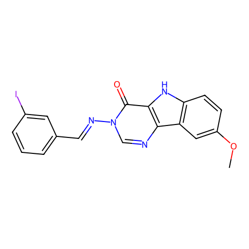 (E)-3-((3-iodobenzylidene)amino)-8-methoxy-3H-pyrimido[5,4-b]indol-4(5H)-one structure