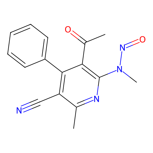 N-(3-acetyl-5-cyano-6-methyl-4-phenylpyridin-2-yl)-N-methylnitrous amide structure