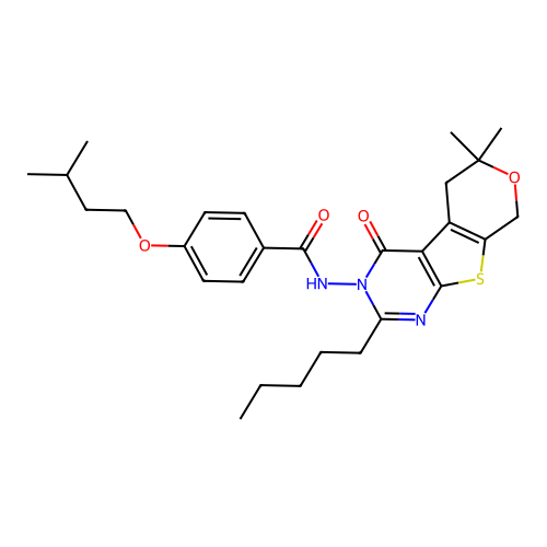 N-(6,6-dimethyl-4-oxo-2-pentyl-4,5,6,8-tetrahydro-3H-pyrano[4',3':4,5]thieno[2,3-d]pyrimidin-3-yl)-4-(isopentyloxy)benzamide structure