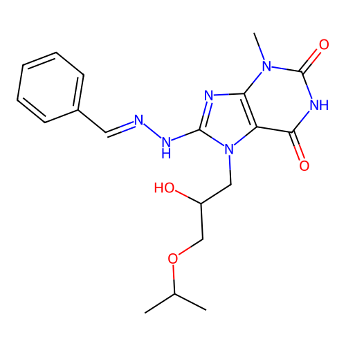 (E)-8-(2-benzylidenehydrazinyl)-7-(2-hydroxy-3-isopropoxypropyl)-3-methyl-1H-purine-2,6(3H,7H)-dione structure