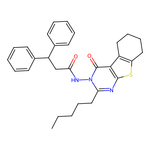 N-(4-oxo-2-pentyl-5,6,7,8-tetrahydro-[1]benzothiolo[2,3-d]pyrimidin-3-yl)-3,3-diphenylpropanamide structure
