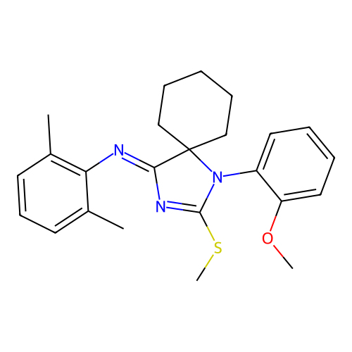 (Z)-N-(1-(2-methoxyphenyl)-2-(methylthio)-1,3-diazaspiro[4.5]dec-2-en-4-ylidene)-2,6-dimethylaniline structure