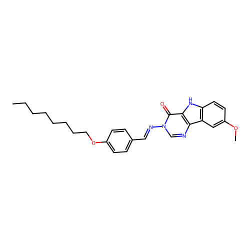 (E)-8-methoxy-3-((4-(octyloxy)benzylidene)amino)-3H-pyrimido[5,4-b]indol-4(5H)-one structure