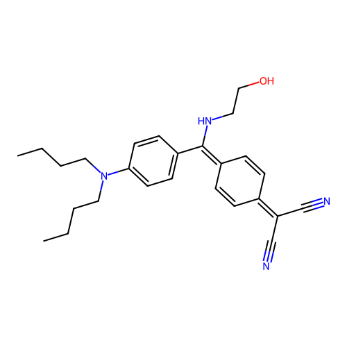 2-(4-((4-(dibutylamino)phenyl)((2-hydroxyethyl)amino)methylene)cyclohexa-2,5-dien-1-ylidene)malononitrile structure