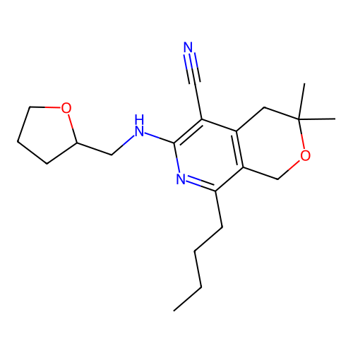 8-butyl-3,3-dimethyl-6-(((tetrahydrofuran-2-yl)methyl)amino)-3,4-dihydro-1H-pyrano[3,4-c]pyridine-5-carbonitrile structure