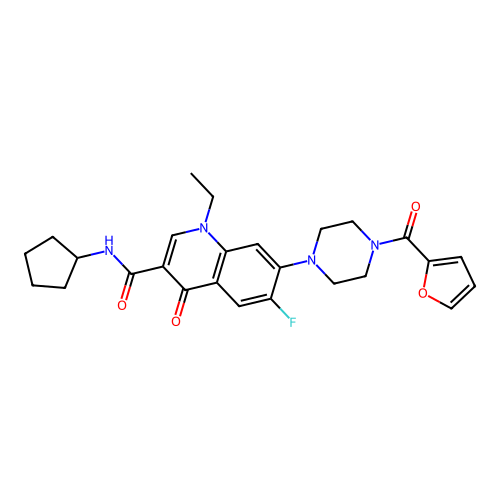 N-cyclopentyl-1-ethyl-6-fluoro-7-(4-(furan-2-carbonyl)piperazin-1-yl)-4-oxo-1,4-dihydroquinoline-3-carboxamide structure
