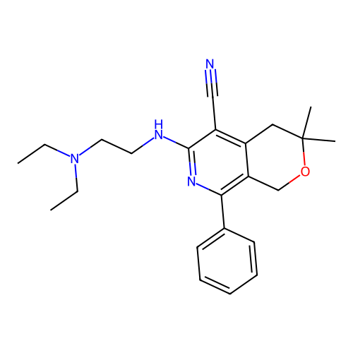 6-((2-(diethylamino)ethyl)amino)-3,3-dimethyl-8-phenyl-3,4-dihydro-1H-pyrano[3,4-c]pyridine-5-carbonitrile structure