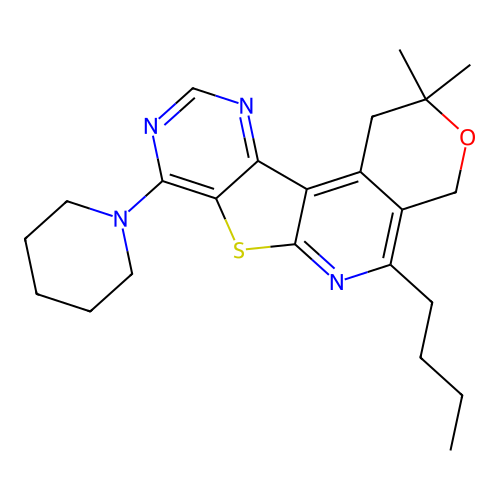 5-butyl-2,2-dimethyl-8-(piperidin-1-yl)-1,4-dihydro-2H-pyrano[4'',3'':4',5']pyrido[3',2':4,5]thieno[3,2-d]pyrimidine structure