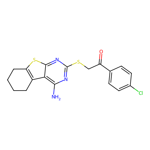 2-((4-amino-5,6,7,8-tetrahydrobenzo[4,5]thieno[2,3-d]pyrimidin-2-yl)thio)-1-(4-chlorophenyl)ethanone structure