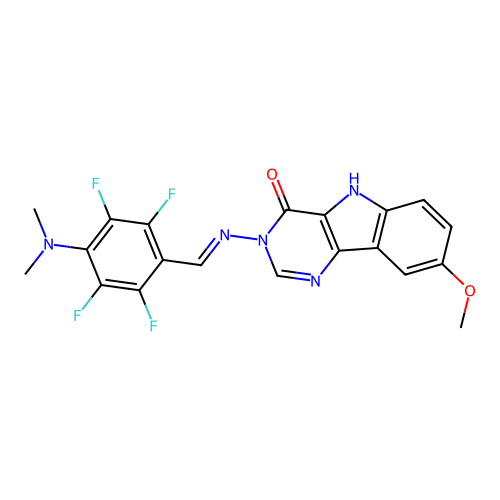 (E)-3-((4-(dimethylamino)-2,3,5,6-tetrafluorobenzylidene)amino)-8-methoxy-3H-pyrimido[5,4-b]indol-4(5H)-one structure