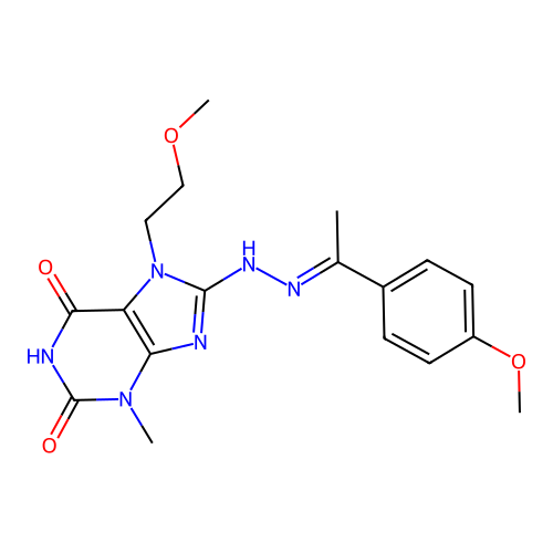 7-(2-methoxyethyl)-8-[(2E)-2-[1-(4-methoxyphenyl)ethylidene]hydrazinyl]-3-methylpurine-2,6-dione structure
