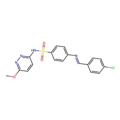 (E)-4-((4-chlorobenzylidene)amino)-N-(6-methoxypyridazin-3-yl)benzenesulfonamide structure