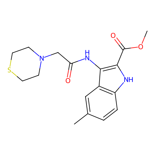 methyl 5-methyl-3-[(thiomorpholin-4-ylacetyl)amino]-1H-indole-2-carboxylate structure