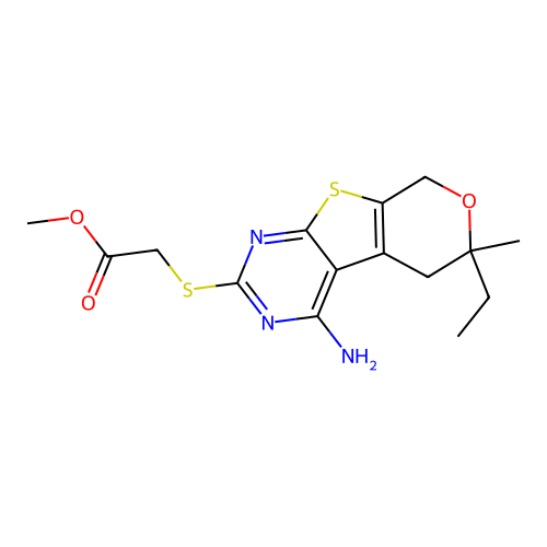 methyl [(4-amino-6-ethyl-6-methyl-5,8-dihydro-6H-pyrano[4',3':4,5]thieno[2,3-d]pyrimidin-2-yl)sulfanyl]acetate structure