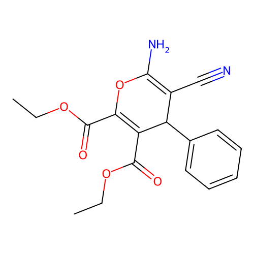 diethyl 6-amino-5-cyano-4-phenyl-4H-pyran-2,3-dicarboxylate structure