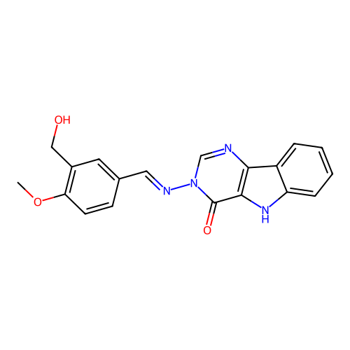 3-[(E)-[3-(hydroxymethyl)-4-methoxyphenyl]methylideneamino]-5H-pyrimido[5,4-b]indol-4-one structure