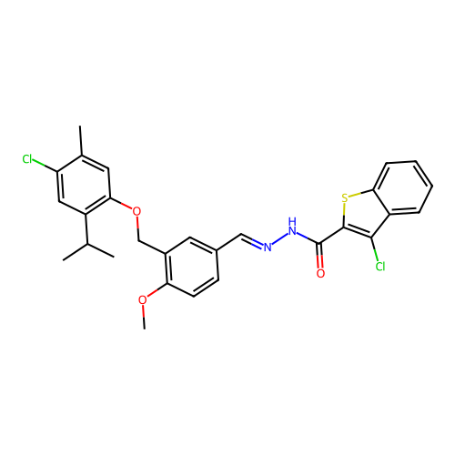 (E)-3-chloro-N'-(3-((4-chloro-2-isopropyl-5-methylphenoxy)methyl)-4-methoxybenzylidene)benzo[b]thiophene-2-carbohydrazide structure