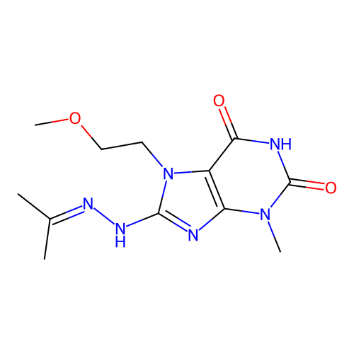 7-(2-methoxyethyl)-3-methyl-8-[2-(propan-2-ylidene)hydrazinyl]-3,7-dihydro-1H-purine-2,6-dione structure