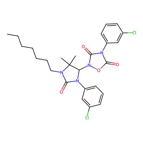 4-(3-chlorophenyl)-2-[3-(3-chlorophenyl)-1-heptyl-5,5-dimethyl-2-oxoimidazolidin-4-yl]-1,2,4-oxadiazolidine-3,5-dione structure