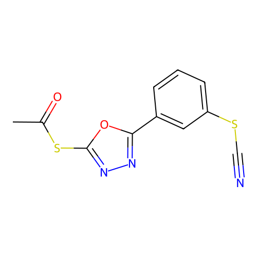 S-[5-(3-thiocyanatophenyl)-1,3,4-oxadiazol-2-yl] ethanethioate structure