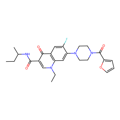 N-(butan-2-yl)-1-ethyl-6-fluoro-7-[4-(furan-2-ylcarbonyl)piperazin-1-yl]-4-oxo-1,4-dihydroquinoline-3-carboxamide structure
