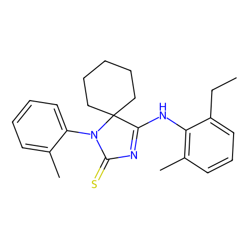 (Z)-4-((2-ethyl-6-methylphenyl)imino)-1-(o-tolyl)-1,3-diazaspiro[4.5]decane-2-thione structure