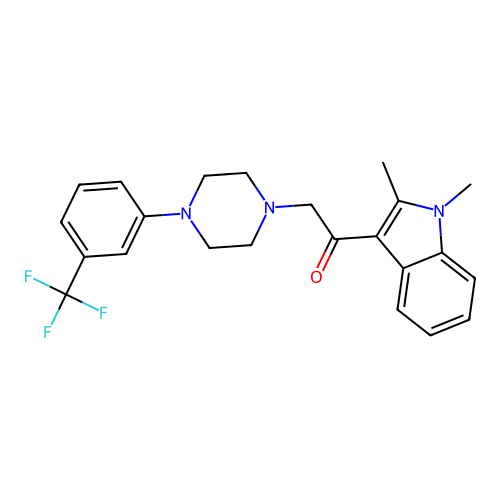 1-(1,2-dimethylindol-3-yl)-2-[4-[3-(trifluoromethyl)phenyl]piperazin-1-yl]ethanone structure