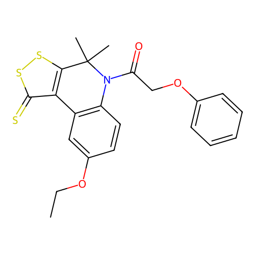 1-(8-ethoxy-4,4-dimethyl-1-sulfanylidenedithiolo[3,4-c]quinolin-5-yl)-2-phenoxyethanone structure