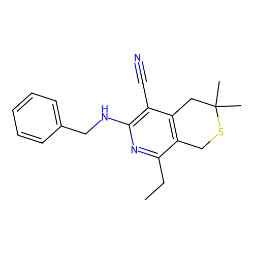 6-(benzylamino)-8-ethyl-3,3-dimethyl-3,4-dihydro-1H-thiopyrano[3,4-c]pyridine-5-carbonitrile structure