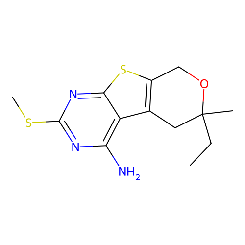 6-ethyl-6-methyl-2-(methylsulfanyl)-5,8-dihydro-6H-pyrano[4',3':4,5]thieno[2,3-d]pyrimidin-4-amine structure