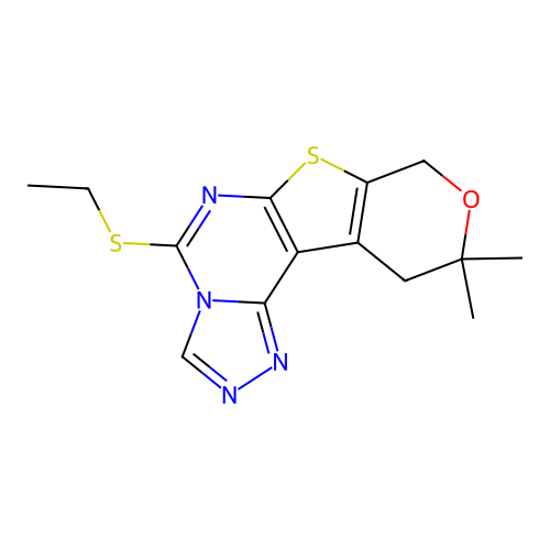 5-(ethylsulfanyl)-10,10-dimethyl-10,11-dihydro-8H-pyrano[4',3':4,5]thieno[3,2-e][1,2,4]triazolo[4,3-c]pyrimidine structure