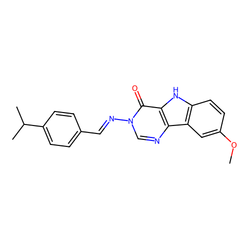 (E)-3-((4-isopropylbenzylidene)amino)-8-methoxy-3H-pyrimido[5,4-b]indol-4(5H)-one structure