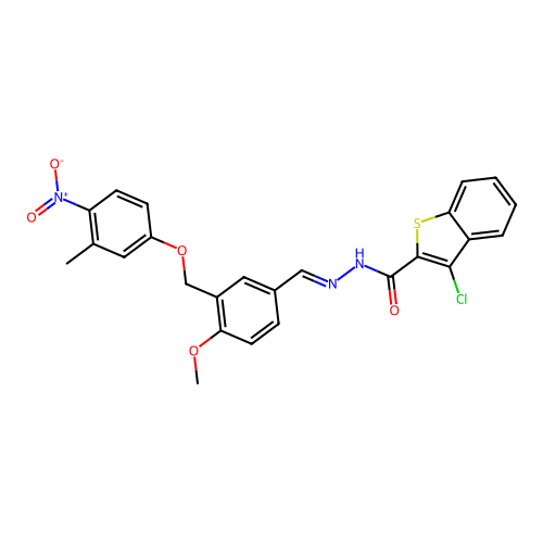 (E)-3-chloro-N'-(4-methoxy-3-((3-methyl-4-nitrophenoxy)methyl)benzylidene)benzo[b]thiophene-2-carbohydrazide structure