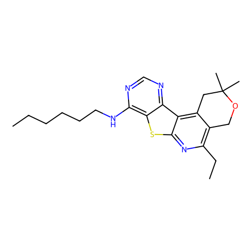 5-ethyl-N-hexyl-2,2-dimethyl-1,4-dihydro-2H-pyrano[4'',3'':4',5']pyrido[3',2':4,5]thieno[3,2-d]pyrimidin-8-amine structure