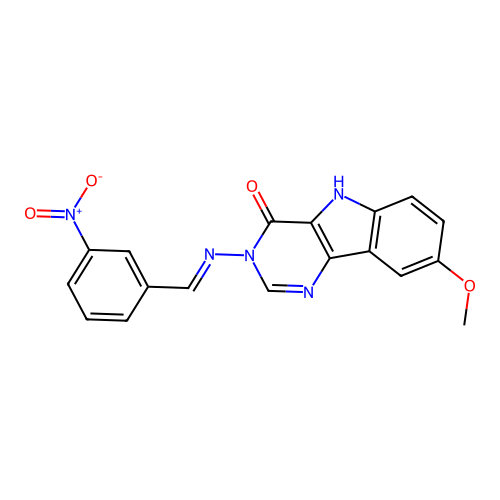 (E)-8-methoxy-3-((3-nitrobenzylidene)amino)-3H-pyrimido[5,4-b]indol-4(5H)-one structure
