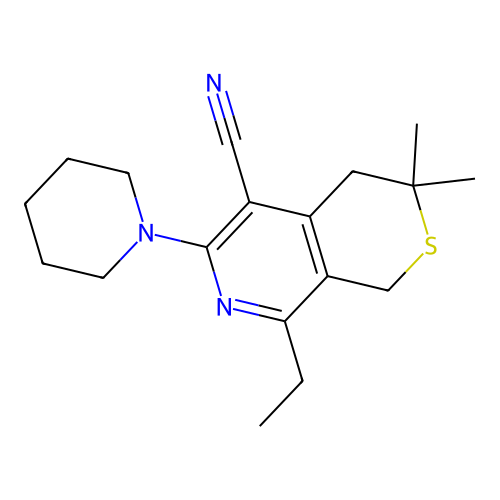 8-ethyl-3,3-dimethyl-6-(piperidin-1-yl)-3,4-dihydro-1H-thiopyrano[3,4-c]pyridine-5-carbonitrile structure
