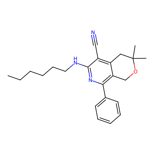 6-(hexylamino)-3,3-dimethyl-8-phenyl-3,4-dihydro-1H-pyrano[3,4-c]pyridine-5-carbonitrile structure