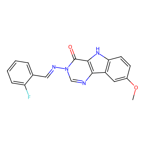 (E)-3-((2-fluorobenzylidene)amino)-8-methoxy-3H-pyrimido[5,4-b]indol-4(5H)-one structure