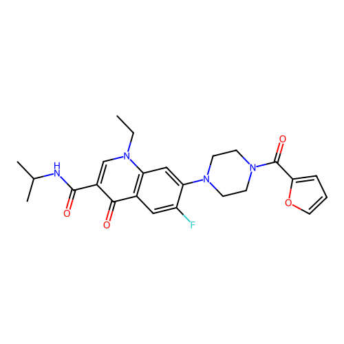 1-ethyl-6-fluoro-7-(4-(furan-2-carbonyl)piperazin-1-yl)-N-isopropyl-4-oxo-1,4-dihydroquinoline-3-carboxamide structure