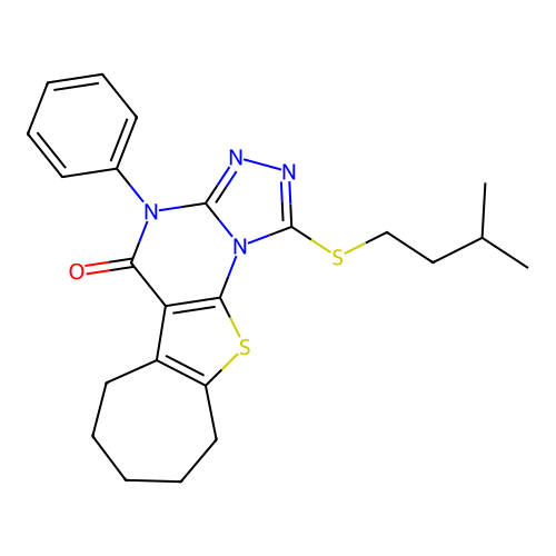 1-(isopentylthio)-4-phenyl-7,8,9,10-tetrahydro-4H-cyclohepta[4,5]thieno[3,2-e][1,2,4]triazolo[4,3-a]pyrimidin-5(6H)-one structure