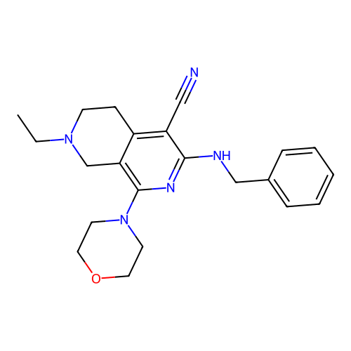3-(benzylamino)-7-ethyl-1-morpholin-4-yl-6,8-dihydro-5H-2,7-naphthyridine-4-carbonitrile structure