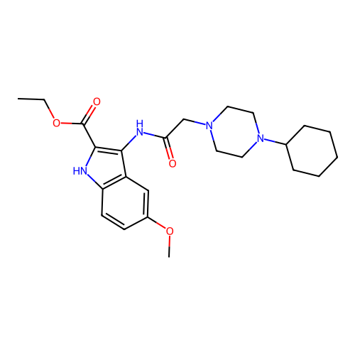 Ethyl 3-[[2-(4-cyclohexylpiperazin-1-yl)acetyl]amino]-5-methoxy-1H-indole-2-carboxylate structure