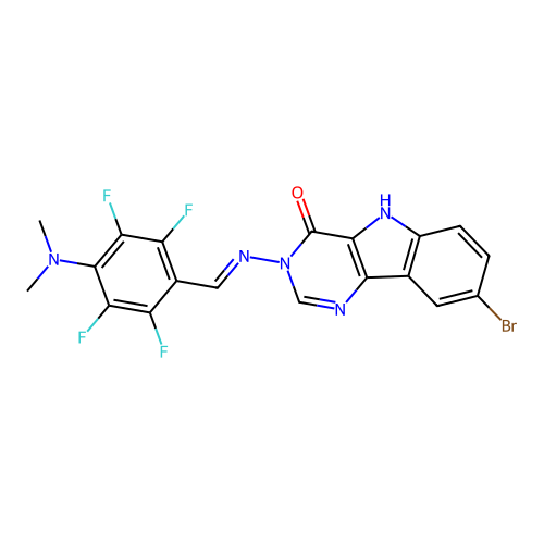 (E)-8-bromo-3-((4-(dimethylamino)-2,3,5,6-tetrafluorobenzylidene)amino)-3H-pyrimido[5,4-b]indol-4(5H)-one structure