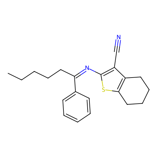 (Z)-2-((1-phenylhexylidene)amino)-4,5,6,7-tetrahydrobenzo[b]thiophene-3-carbonitrile structure